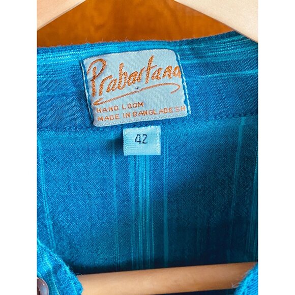 Prabartana Men's Punjabi Kurta 100% Cotton Hand Loomed Blue Teal Striped Tunic - Picture 8 of 12